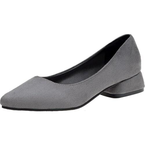 Womens casual suede leather shoes low and thick heel pointed toe rubber sole black and gray large size 42 shoegf