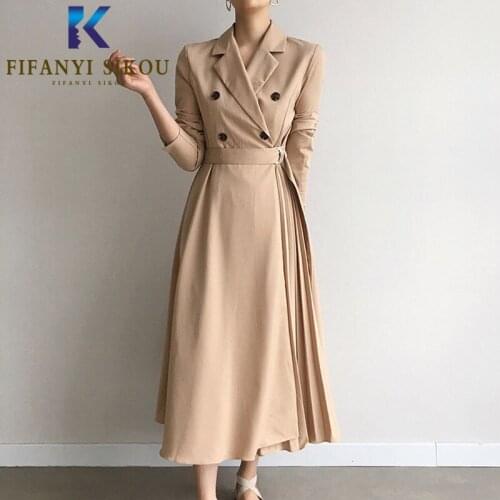2020 Autumn Women Blazers Dress Fashion Double Breasted Long Sleeve Lapel Maxi Dress Lady Casual Elegant Pleated Dress