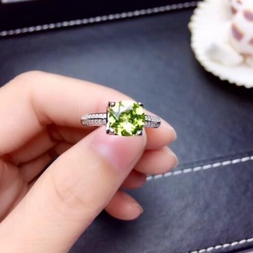 Fashion simple Elegant round square Natural green peridot ring S925 silver natural olivine ring girl women party gift jewelry