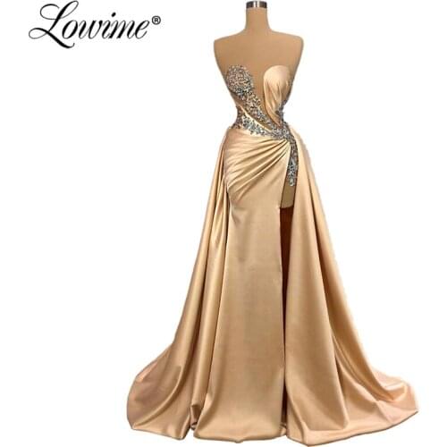 Custom High Split Side Champagne Evening Dress Arabic Party Gown 2020 Women Formal Prom Dresses Vestidos De Fiesta De Noche