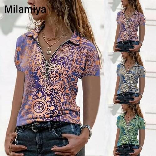 2021 Summer New Tshirt Women Print Casual T-shirt Zipper Sexy Fasion V Neck Short Sleeve Cotton Pullover Plus Size T Shirt