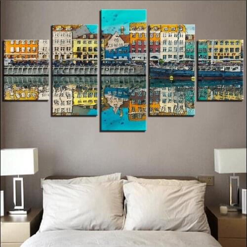 5 Pieces Cartoon City Landscape Canvas Wallpaper Building Posters Stream River Oil Painting Water Village Picture Home Decor Art