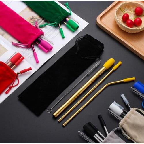 8Pcs Reusable Drinking Straw Set Straight Bent Straw With Silicone Tip Cover Cleaning Brush Metal Smoothies Drinking Straws