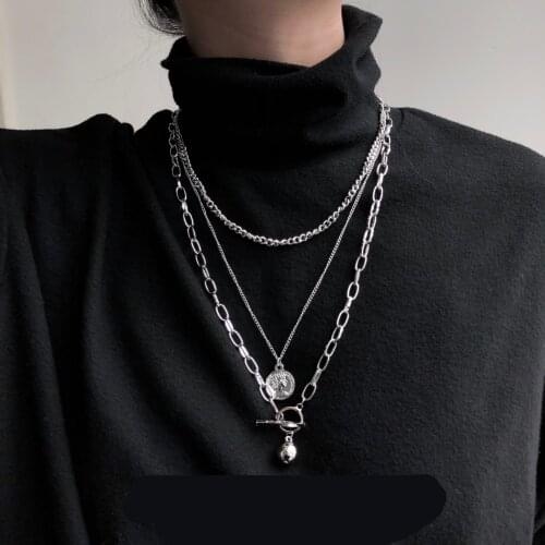HUANZHI 2019 New Trendy Metal Ball Coin Pendant Multi-layer Punk Casual Design Long Chain Necklace For Women men Jewelry Gifts