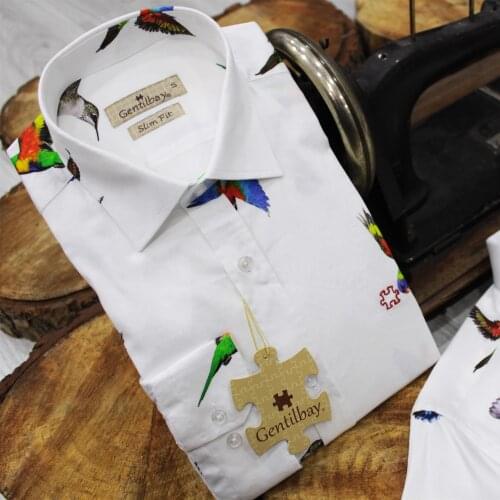 Gentilbay Mens 3parrots Birds Printed Cotton White Fabric Slimfit Long-Sleeve Sport Classic DCD004 Shirt