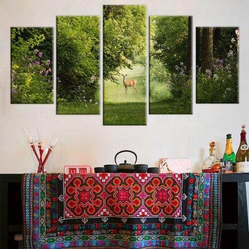 Frame Canvas Painting Print Wall Art Nature Landscape Poster 5 Pieces Summer Deer HD Modular Pictures For Living Room Home Decor