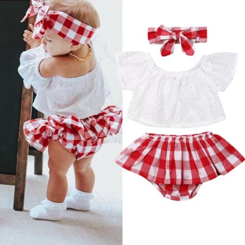 0-24M Newborn Baby Girl Summer Clothes Set 3pcs Off Shoulder Tops+Plaid Short Dress+Headband Outfits