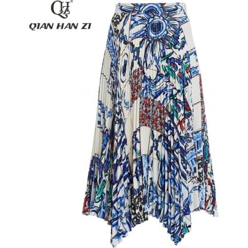 Qian Han Zi summer designer fashion runway women skirt Blue and white porcelain printed casual pleated beach midi skirt