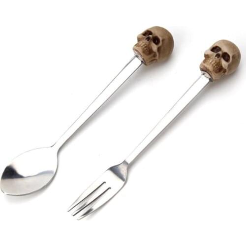 Skull Head Spoon And Fork Set Durable Stainless Steel for Tea Coffee Stirring Halloween Theme Tableware Kitchen Accessories