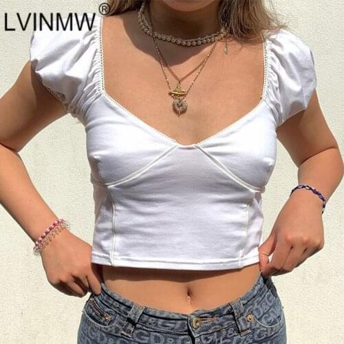 LVINMW Low Cut V Neck Puff Sleeve Short Solid Sexy Woman T Shirts Lace Patchwork Slim Casual Summer Trim Tops Girls Crop Top