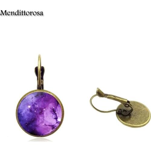 Mendittorosa Natural Nebula Galaxy Space Glass Cabochon Bronze/Silver/Golden Clip Ear Hook Drop Earrings For Women