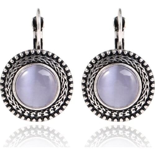 Fashion Boho Pierced Vintage Gold Circle Earrings Geometry Moonstone Drop Earrings For Women Boho Round Blue Opal Earrings