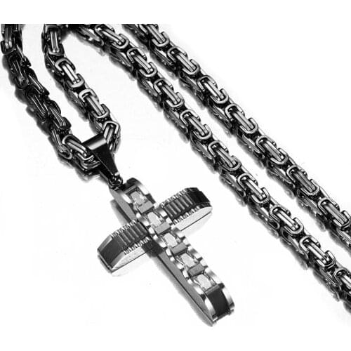 Cross Pendant Necklace for Men Boys 316L Stainless Steel Cross Pendant with Rhinestone Byzantine Box Chain Necklace Jewelry