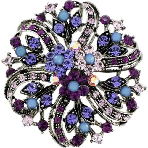 New Round Vintage Rhodium Plated Coloured Purple Rhinestone Crystal Wedding Elegant Flower Bouquet Pin Brooch, Item No.: BH7515