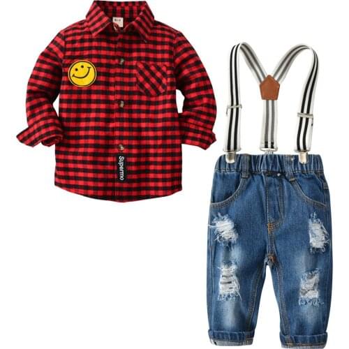 Oklady 2019 New Arrival Boys Suit Shirt +pants 2pcs/set Jeans Plaid Cardigan Jacket Gentleman Suit Denim Kids Clothes Set