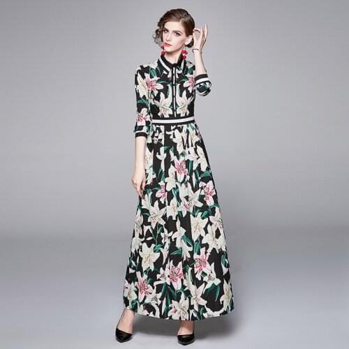 Autumn Runway Lily Floral Maxi Dress Womens Long Sleeve Lapel Flower Print Holiday Long Dress Female Vintage Party Dress k8873
