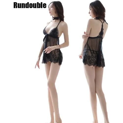 Sexy Backless Women Lace Lingerie Set Temptation Halter Short Dress Thong Black Exotic Underwear Ladies Sleepwear Nightdress