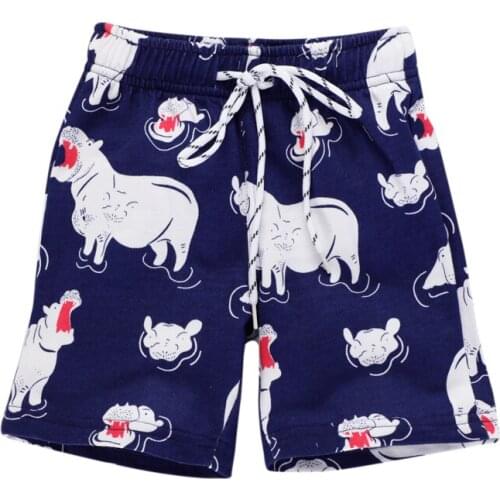 Little Maven New Summer Kids Blue Hippopotamus Printed Quality Cotton Knitted Drawstring Boys Casual Elastic Waist Shorts
