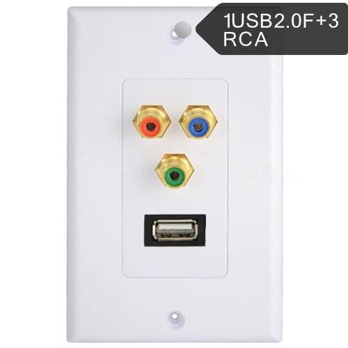 USB 2.0 Port & 3 RCA/PHONO Female Gold Wall Outlet Dual Audio Socket Face Plate ABS