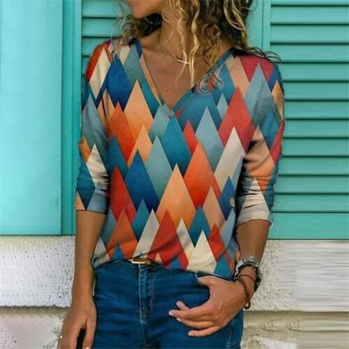 Ladies 3D Geometry Print T Shirt Long Sleeve Women V-Neck Loose Tee Tops 2021 New Summer Plus Size Casual Streetwear Top Clothes