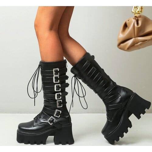 2021 Ladies Knight Boots Spring Autumn Fashion Belt Buckle Zipper Large Size Womens Shoes Winter Warmth Lace-Up Knee High Boots