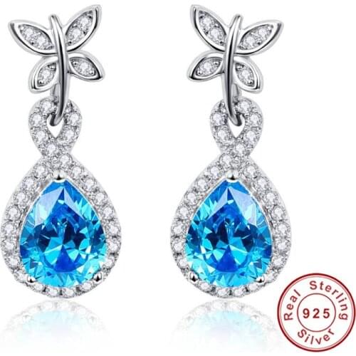 New 925 Sterling Silver Jewelry Butterfly Decoration 5.5Ct Pear Cut Blue Topaz Drop Earring for Women Free Jewelry Box