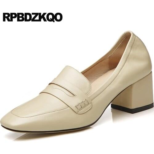 High Quality Designer Heels Women Luxury 2021 Customized Genuine Leather Thick Ladies Pumps Medium Square Toe Block Size 33 4 34