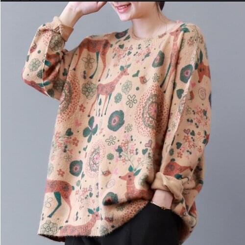 Female Vintage Autumn Winter Loose Sweater Harajuku Mori Girl Knit Print Casual Sweater Women Novelty Soft Pullover Sweater Tops