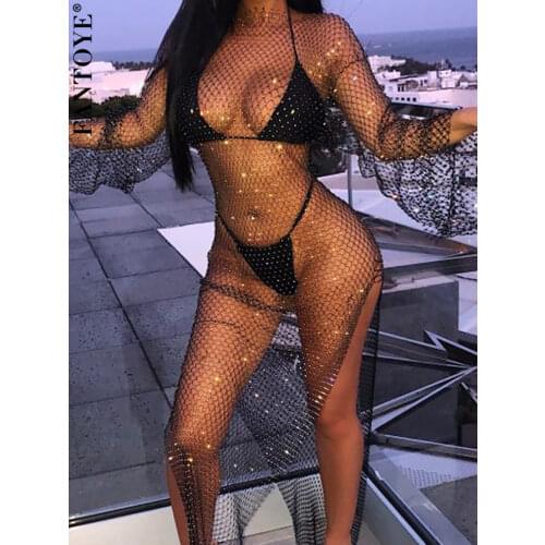 FANTOYE New Diamond Shiny Party Dress Women Split Long Sleeve Maxi Bodycon Dress Sexy See-Through Fishnet Club Dress Vestidos