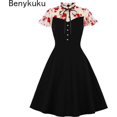 Floral Mesh Stand Collar 50s Vintage Swing Dress Button Front Elegant Party Gown Summer Short Sleeve Women Pinup Retro Clothes
