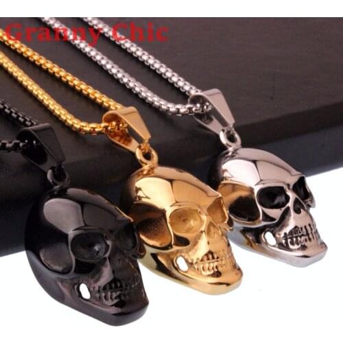 Granny Chic Silver Gold Black color Mens Jewelry Necklace Stainless Steel Gothic Skull Pendant Necklace for Man Free 24" Chain