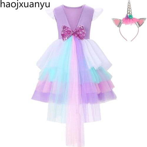Unicorn Pony Costume Girl Christmas Halloween Birthday Party Multi-layer Ruffles Summer Rainbow Sequin Backless Tail Tutu Dress
