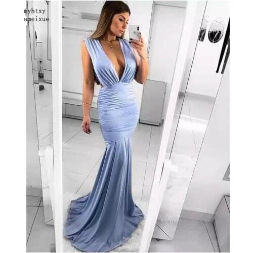 China Blue Deep V-Neck Sleeveless Backless Mermaid Evening Dresses Mate Silk Satin Mermaid vestidos de fiesta de noche