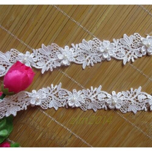 1 yard Soluble Polyester Pearl Flower Embroidered Fabric Lace Trim Ribbon Handmade DIY Sewing Craft For Costume Hat Decoration