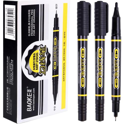 Pack of 12 Baoke Art Hook Liner MP2906 Water-based Ink Double-headed Marker Pen, Water-based Quick-drying Disc, Black Red Blue