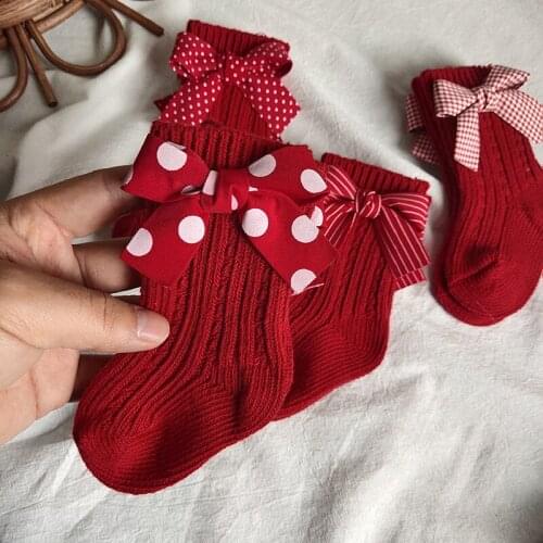Baby Girls Knee High Socks Cotton Red Big Bow Christmas Kids Sock Solid Woolen Leg Warm Girl Toddler Soft Socks For 0-3 Years