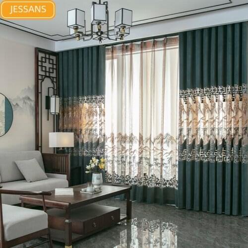 New Chinese Style Bamboo Forest Embroidered Gauze Curtain Embroidery Curtains for Living Room Bedroom Custom Finished Product