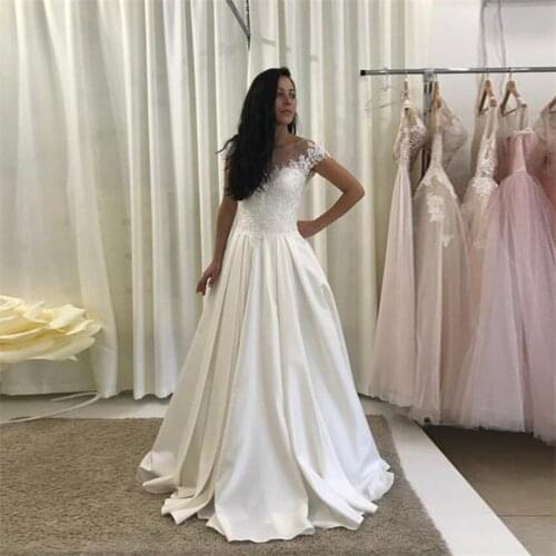 Simple vestidos de noiva A Line Cap Sleeve Satin Wedding Dresses Bridal Gown Lace Appliques Backless Wedding Gowns robe mariage