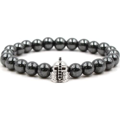 Roman Knight Spartan Warrior Gladiator Helmet Bracelet Men Hematite Magentic Stone Bead Mala Yoga Elastic
