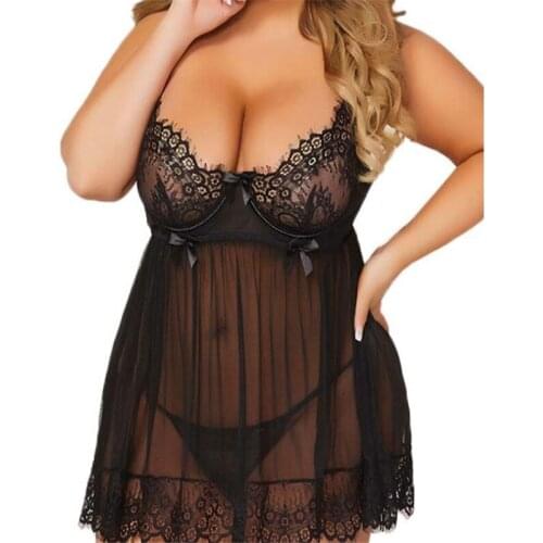 Sexy Women Sleepwear Lingerie Solid Lace sleeveless v neck Nightgowns See Through Black Sleep Dress Nightdress Plus Size M-3XL