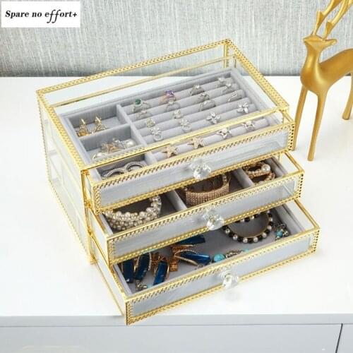 Jewelry Box European-style Glass Jewelry Box Makeup Storage Dustproof Earrings Finishing Box Storage Table Container Storage Box