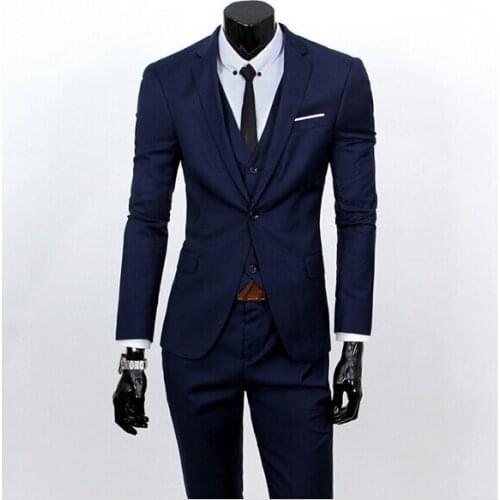 Slim Fit Groom Tuxedo Navy Blue Groomsmen Notch Lapel Wedding/Dinner Suits Best Man Bridegroom (Jacket+Pants+Tie+Vest) B461