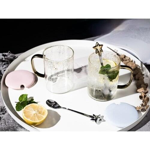 Girls Heart Glass Star Water Cup Office Coffee Cup Glass Mug with Cover and Spoon