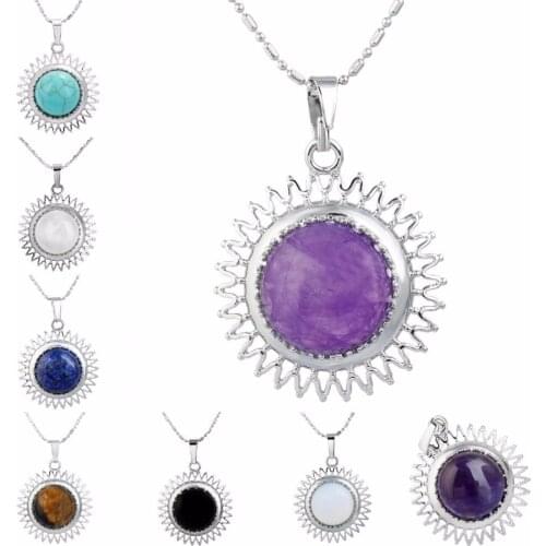 SUNYIK Sun Round Gem stone Charms Pendant Bead Necklace Healing Chakra Crystal (Free Chain)