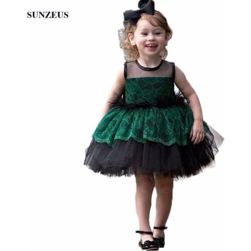 Green Lace Flower Girl Dresses Knee Length Ball Gown Puffy Black Tulle Kids Party Gowns With Feathers FLG004