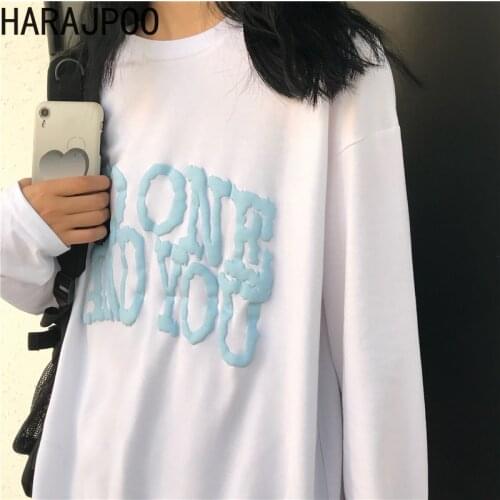 HARAJPOO Female T-shirts Spring 2021 New Korean Style Retro Simple Letters Foam Printing Loose Long-sleeved Lazy Wind Couple Top