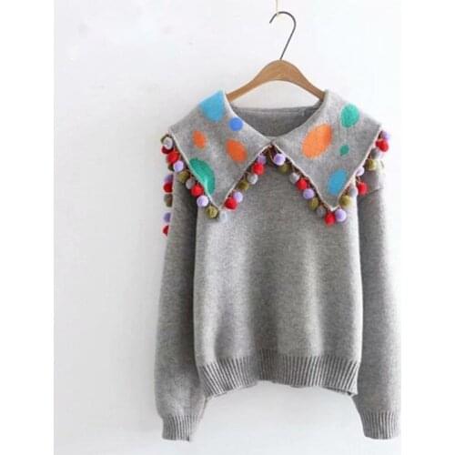 Womens Cute Kawaii Sweater Lapel Ball Tassel Knit Pullover Casual Fashion Gray chic Navy Style Autumn Winter 2021 New