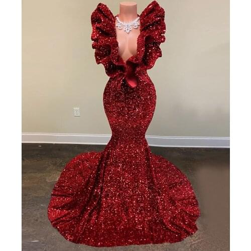 Burgundy Mermaid Prom Dresses 2021 New Sparkly Sequin Sexy Sleeveless V-neck Ruffles African Black Girl Long Prom Dress