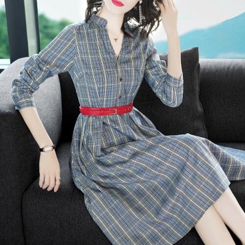 2018 New Pattern Fashion Leisure Time Lattice High Waist And Waist Temperament Thin OL Dress Woman Autumn