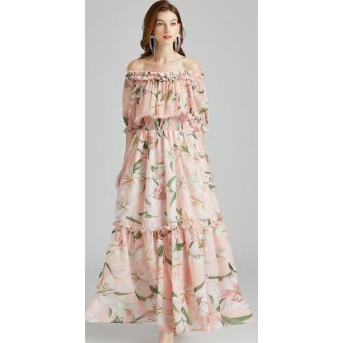 Elegant Summer Holiday Beach Maxi Dress Women Off Shoulder Lily Flower Print Chiffon Pink High Elastic Waist Boho Long Vestidos